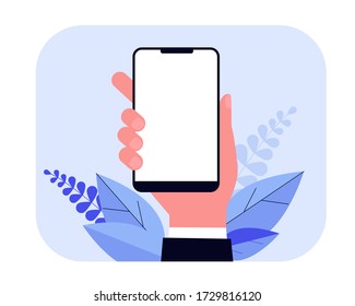 IPhone in hand flat vector illustration. Cartoon hand holding mobile phone, making blank screenshot, using face id. Software and technology concept