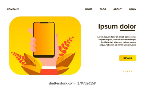 IPhone in hand flat vector illustration. Cartoon hand holding mobile phone, making blank screenshot, using face id. Software and technology concept