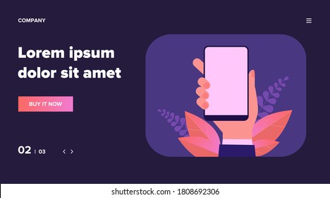 IPhone in hand flat vector illustration. Cartoon hand holding mobile phone, making blank screenshot, using face id. Software and technology concept