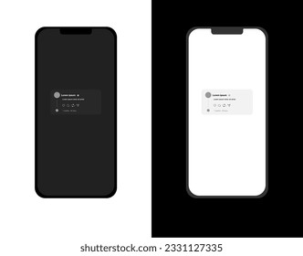 Iphone mockup of social network in white and black background. Trend template of social media post. Template User Interface app. Dark Mode and Light Mode Versions. Vector illustration.