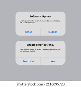 Iphone Notification Boxes Template. Smartphone Software Update And Enable Notifications Interface. Vector Illustration. Android. Smartphone. UI. UX