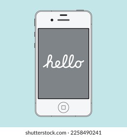 Ilustración vectorial de contorno de smartphone blanco con fondo azul, mostrando el texto 'Hola' adecuado para propósitos educativos, laborales y comerciales.