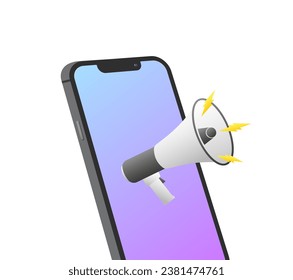 iPhone screen with speaker. Flat, color, mockup for your text, iPhone with megaphone icon. Vector illustration