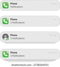 Iphone smartphone push notification pop up interface. Incoming call alerts, missed calls, ios messages mockup on mobile screen. Apple iPhone 17 pro Max design template, UI app iPad Macbook kit