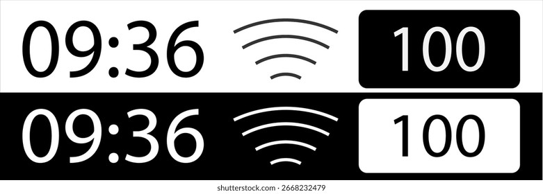 iPhone interface do usuário ícones, relógio, sinal WiFi, bateria. Ícone preto e branco de ilustrações vetoriais de IU de telefone celular.
