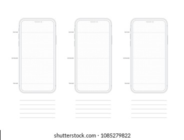 iPhone Wireframe Dotted Paper App Mockup Template Mobile Phone Vector Icon Display similar to Samsung Google Huawei Smartphone