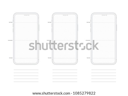 iPhone Wireframe Dotted Paper App Mockup Template Mobile Phone Vector Icon Display similar to Samsung Google Huawei Smartphone