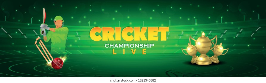 Ipl Cricket Match Concept With Stadium, Batsman Playing Cricket And Gold Trophy And Background