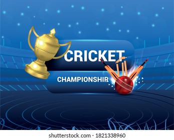 Ipl Cricket tournament concept with stadium, gold trophy and cricket equipment, cricket championship and Background