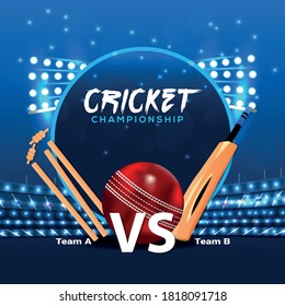 Ipl cricket tournament, cricket match elements with stadium and bat and ball on blue colour background.