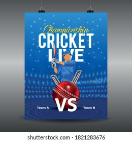 Ipl cricket tournament, cricket match elements with stadium and bat and ball on blue colour background