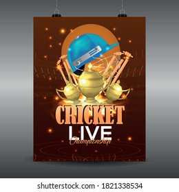 Ipl Cricket Tournament, Cricket Match Elements With Stadium And Bat And Ball On Blue Colour Background.