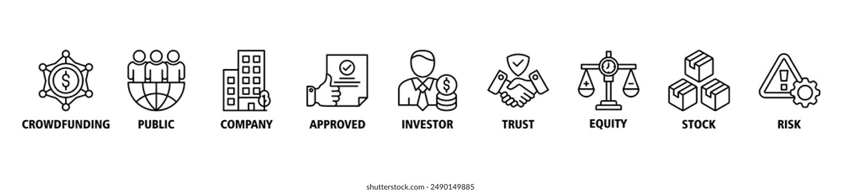 Ipo banner web icon set vector illustration symbol concept of initial public offering with icon of crowdfunding, public company, approved, investor, trust, equity, stock and risk