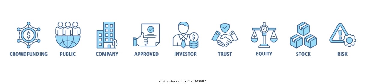 Ipo banner web icon set vector illustration symbol concept of initial public offering with icon of crowdfunding, public company, approved, investor, trust, equity, stock and risk