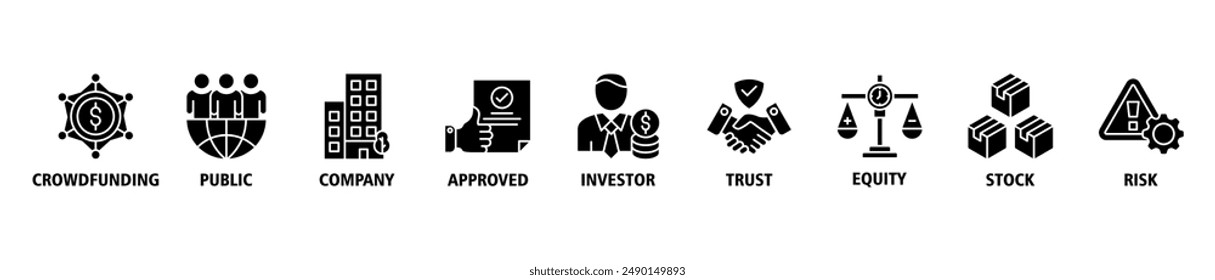 Ipo banner web icon set vector illustration symbol concept of initial public offering with icon of crowdfunding, public company, approved, investor, trust, equity, stock and risk