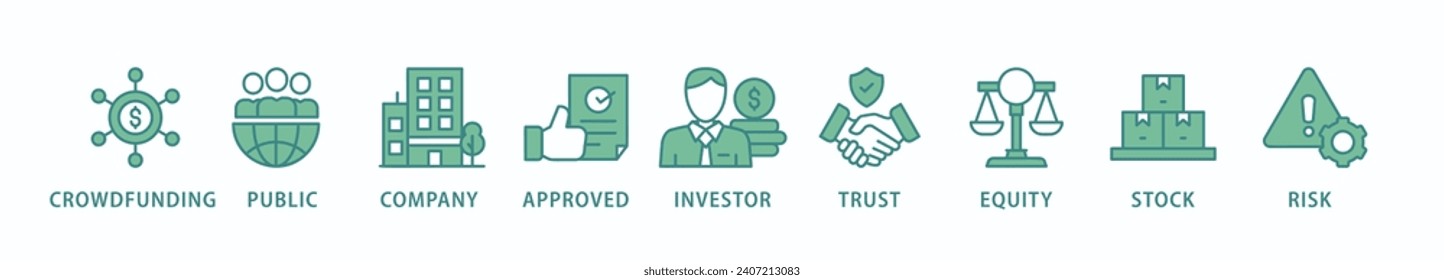Ipo banner web icon vector illustration concept of initial public offering with icon of crowdfunding, public company, approved, investor, trust, equity, stock and risk