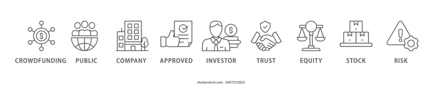 Ipo banner web icon vector illustration concept of initial public offering with icon of crowdfunding, public company, approved, investor, trust, equity, stock and risk