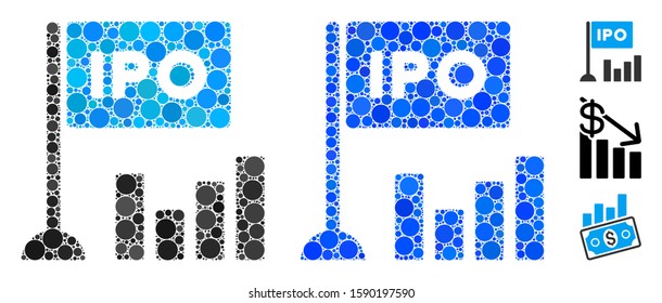IPO bar chart mosaic of filled circles in variable sizes and color tinges, based on IPO bar chart icon. Vector filled circles are composed into blue mosaic.