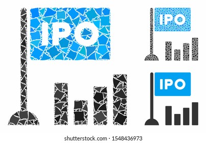 IPO bar chart mosaic of trembly parts in different sizes and color tones, based on IPO bar chart icon. Vector rough dots are united into mosaic. IPO bar chart icons collage with dotted pattern.