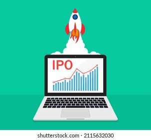 IPO. Business launch startup. Rocket of startup of enterprise. Stock market growth. Ipo concept. Chart in laptop. Public offering company. Icon of investment. New innovation product. Vector.