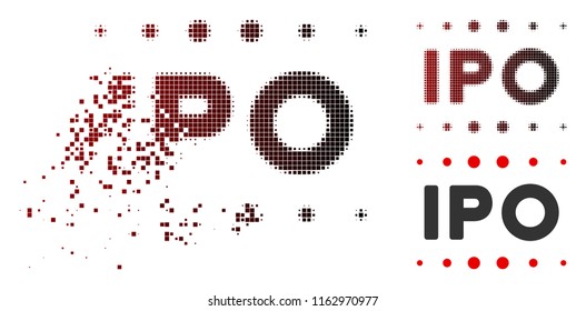 IPO caption icon in dispersed, dotted halftone and undamaged entire versions. Points are composed into vector dispersed IPO caption pictogram.