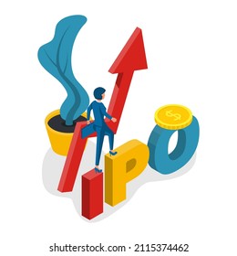 IPO concept. Businesswoman on the background of a successful rising graph. Increase in interest. Vector illustration isometric design. Isolated on white background. Search for investors.