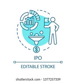 IPO concept icon. Initial public offering. Marketing policy. Market analysis and revenue growth. Successful management idea thin line illustration. Vector isolated outline drawing. Editable stroke