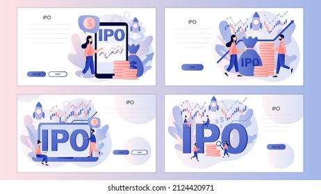IPO concept. Initial public offering. Investor ivest stock market shares. Company growth. Passive income. Screen template for landing page, template, ui, web, mobile app, poster, banner, flyer. Vector