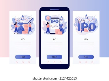 IPO concept. Initial public offering. Investor ivest stock market shares. Company growth. Passive income. Investment. Screen template for mobile, smartphone app. Modern flat cartoon style. Vector 