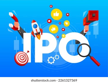 IPO concept. IPO is Initial Public Offering. Company go public in stock market. Investment new stock, businessman, trader, trading stock on IPO. Vector illustration.