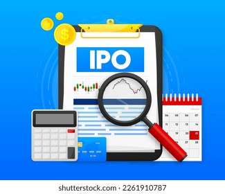 IPO-Konzept. IPO ist das erste öffentliche Angebot. Unternehmen gehen am Aktienmarkt öffentlich. Investment neue Aktien, Geschäftsleute, Händler, Börsenhandel auf IPO. Vektorgrafik.