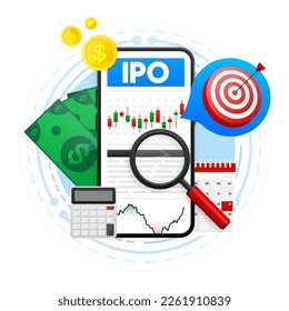 IPO-Konzept. IPO ist das erste öffentliche Angebot. Unternehmen gehen am Aktienmarkt öffentlich. Investment neue Aktien, Geschäftsleute, Händler, Börsenhandel auf IPO. Vektorgrafik.