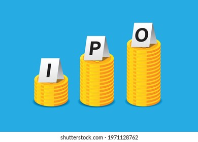 IPO concept. Stacks of coins with the letters isolated on background vector illustration .