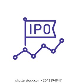 IPO flag flying above upward trends. Icon symbol illustration