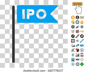 Ipo Flag icon with bonus bitcoin mining and blockchain icons. Vector illustration style is flat iconic symbols. Designed for bitcoin websites.