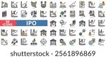 IPO icon collection set. Containing stocks, trading, shares, equity, stock market, public offering, securities icon. Simple flat outline vector illustration