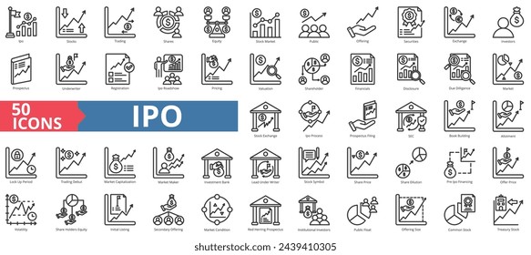 Ipo-Symbolsammlungssatz. Enthaltene Aktien, Handel, Aktien, Aktien, Aktien, Börse, öffentliches Angebot, Wertpapier-Symbol. Einfache Linienvektordarstellung.