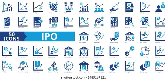 IPO icon collection set. Containing stocks, trading, shares, equity, stock market, public offering, securities icon. Simple flat vector illustration.