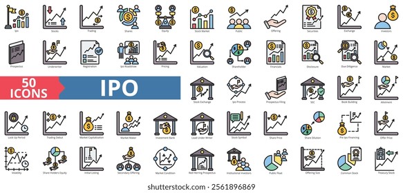 IPO icon collection set. Containing stocks, trading, shares, equity, stock market, public offering, securities icon. Simple flat outline vector illustration