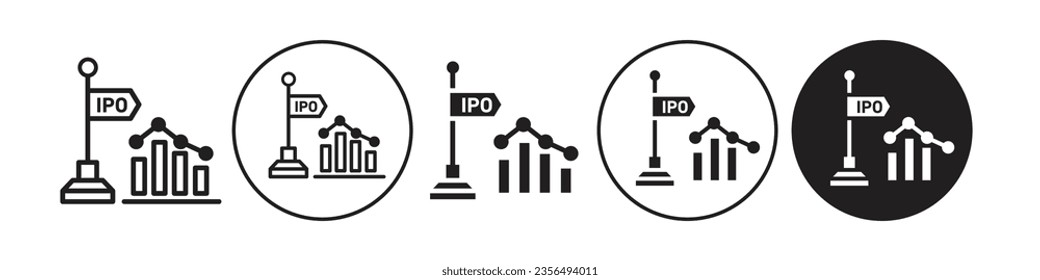 IPO icon. company initial public offering listed on stock exchange for trading symbol. Vector set of finance investment in economy share market. Flat outline of stock chart or graph to trade. 