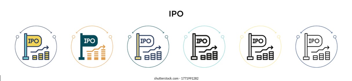 Ipo icon in filled, thin line, outline and stroke style. Vector illustration of two colored and black ipo vector icons designs can be used for mobile, ui, web