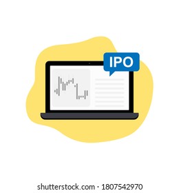 IPO icon. Initial public offering stocks market company. Laptop icon with candlestick chart on orange background