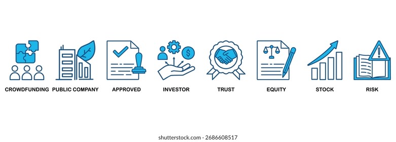 En el diseño plano monocromo azul, el concepto de Ilustración vectorial se relaciona con el ícono de la oferta pública inicial con el ícono de crowdfunding, empresa pública, aprobado, inversor, fideicomiso, capital