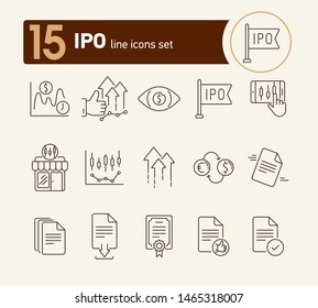 IPO icon set. Document, growth, trade. Security papers concept. Can be used for topics like business, development, forex