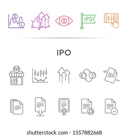 IPO icon set. Document, growth, trade. Security papers concept. Can be used for topics like business, development, forex