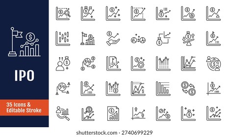 IPO icon set. Icons related to stocks, trading, shares, equity, stock market, public offering, securities. Outline icon with Editable stroke. Vector illustration
