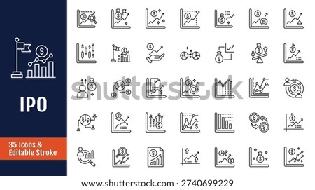 IPO icon set. Icons related to stocks, trading, shares, equity, stock market, public offering, securities. Outline icon with Editable stroke. Vector illustration