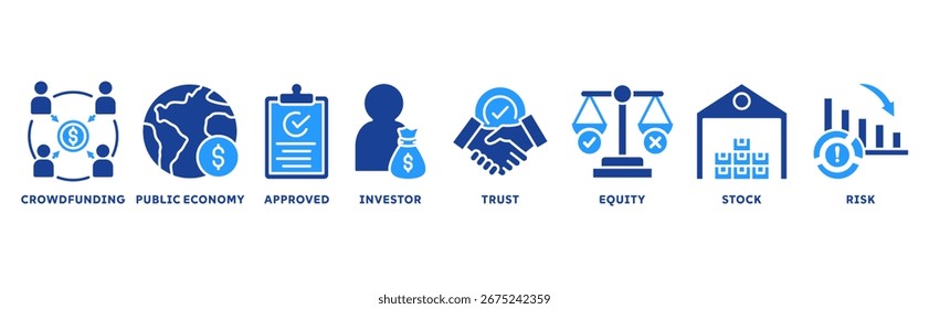 Concepto de ilustración de conjunto de iconos de OPI con icono de crowdfunding, empresa pública, aprobado, inversor, fideicomiso, capital, acción, riesgo
