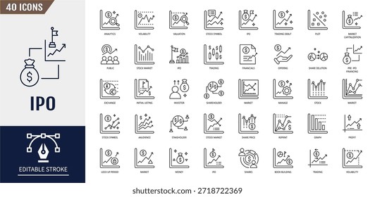 Conjunto de iconos de IPO. Acciones, negociación, acciones, acciones, mercado de valores y más. Ilustración vectorial