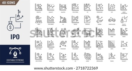 IPO icon set. Stocks, trading, shares, equity, stock market and more. Vector illustration